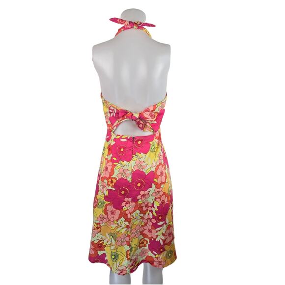 Madison Leigh NeckTye V-Neck Orange Pink Yellow Floral Summer Women's Dress 6 - Picture 3 of 4